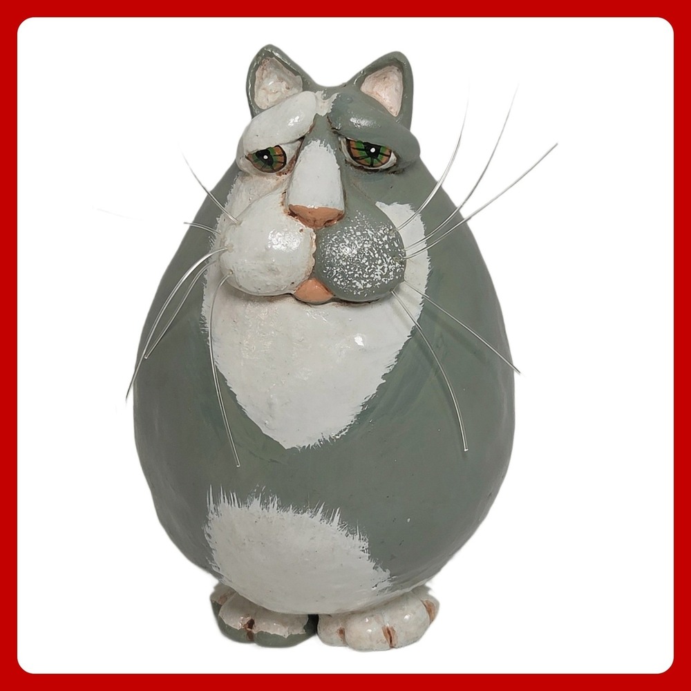 Vicki Thomas Enesco Fat Cat Figurine Grey White Resin Vintage 1997 Decor‎ EUC